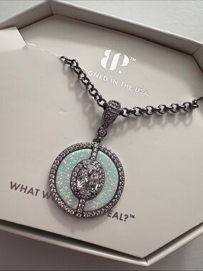 Round Opal-Inlay Pendant Necklace in White Opal and Silver Tone